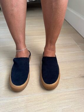 Navy Suede Slip-On Mule with Brown Sole